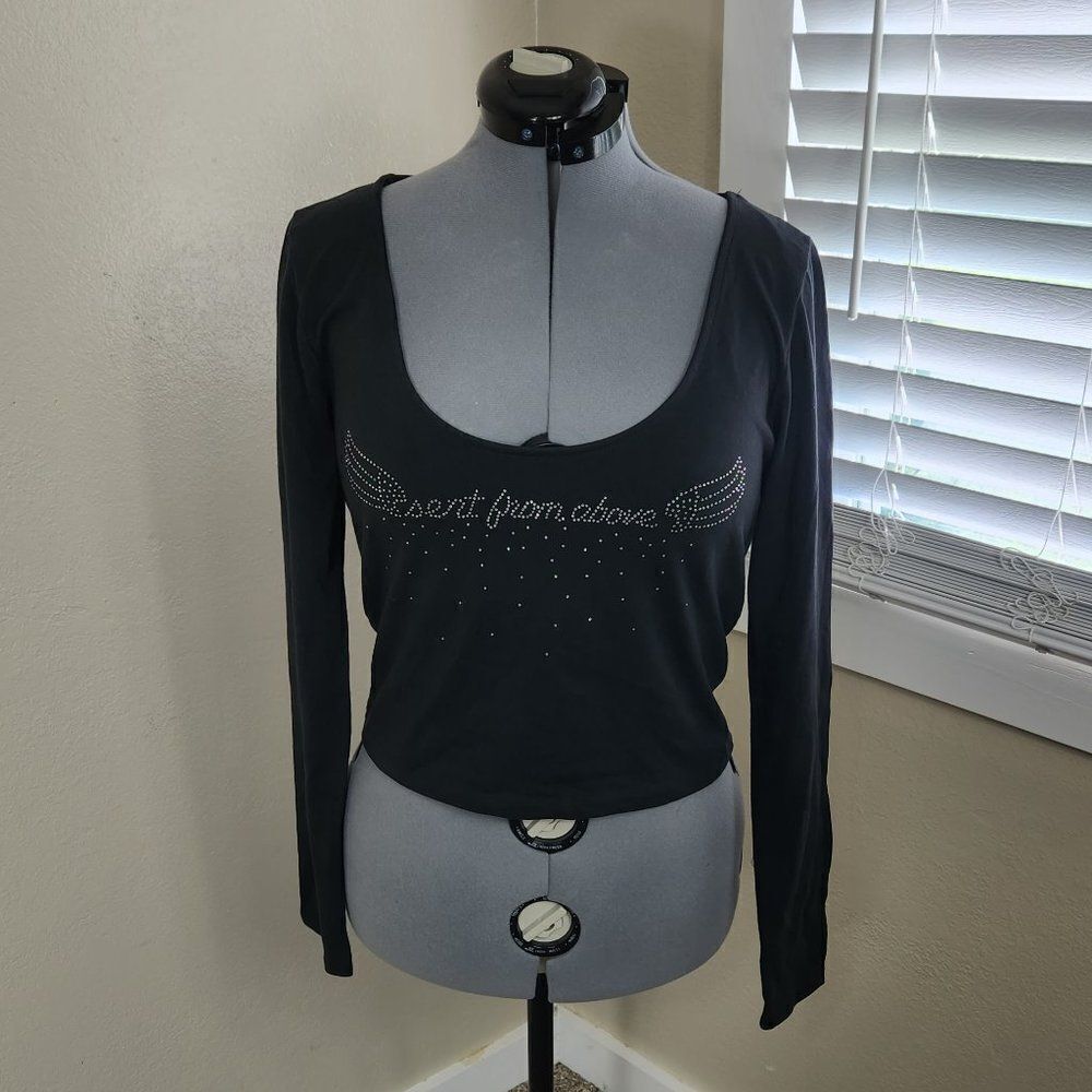 Urban Outfitters Vintage Black “Sent From Above” Rhinestone Long Sleeve Crop NWT